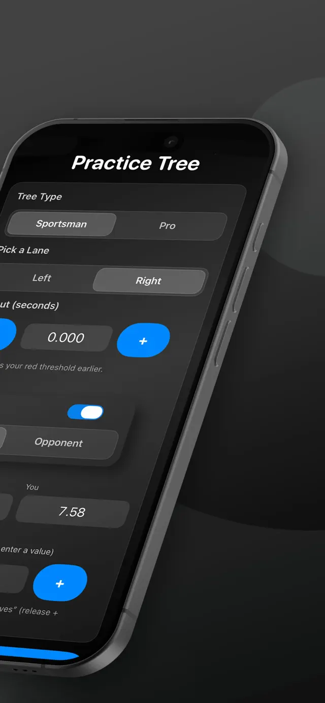 Practice Tree setup screen with tree type, lane, rollout, dial-ins, handicap and delay box settings.