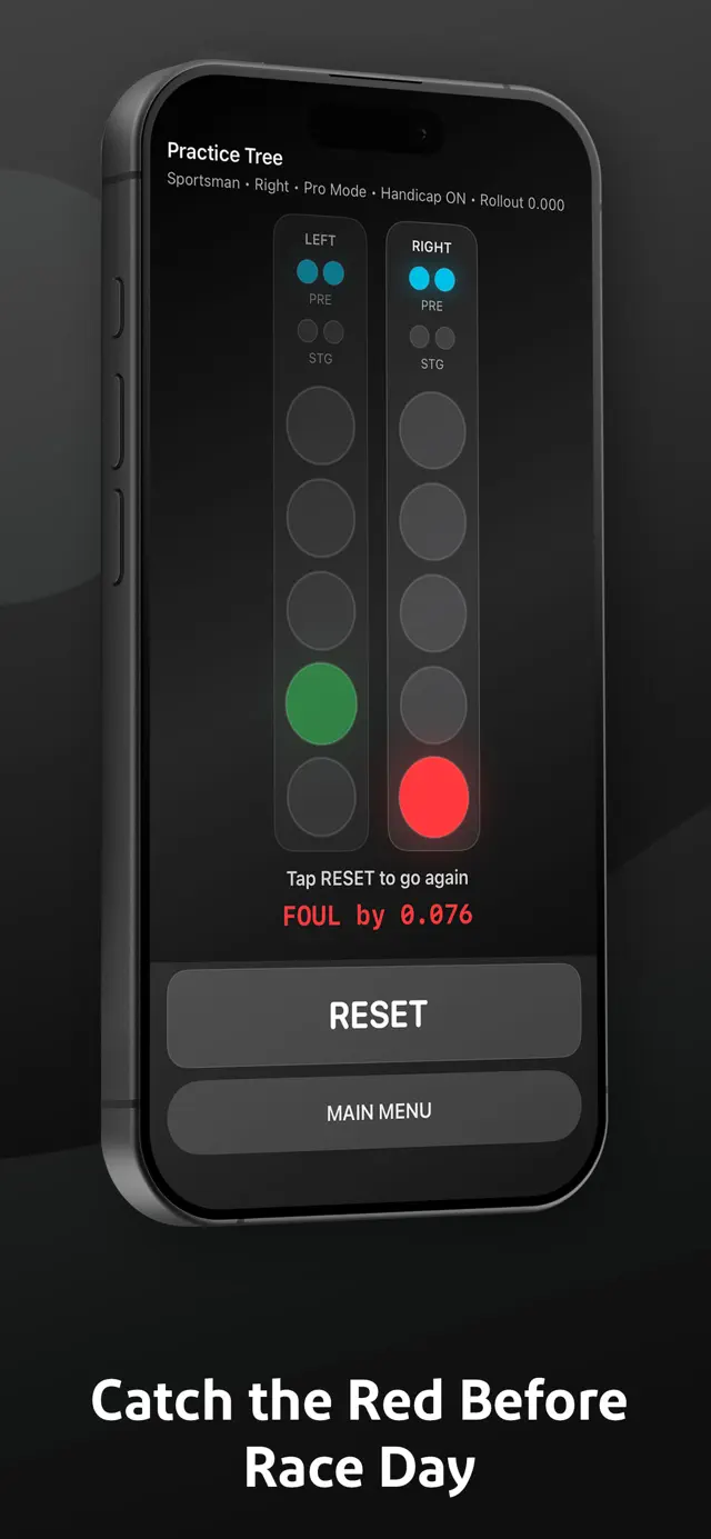 Practice tree showing a red light and the message Foul by 0.076.
